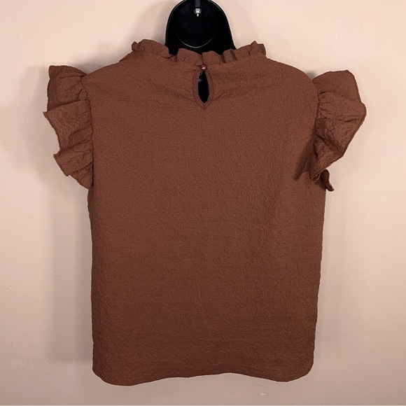 Size 8/10 Brown Textured Ruffle Blouse Neutral Stretch Lightweight Mock Neck - Picture 8 of 12